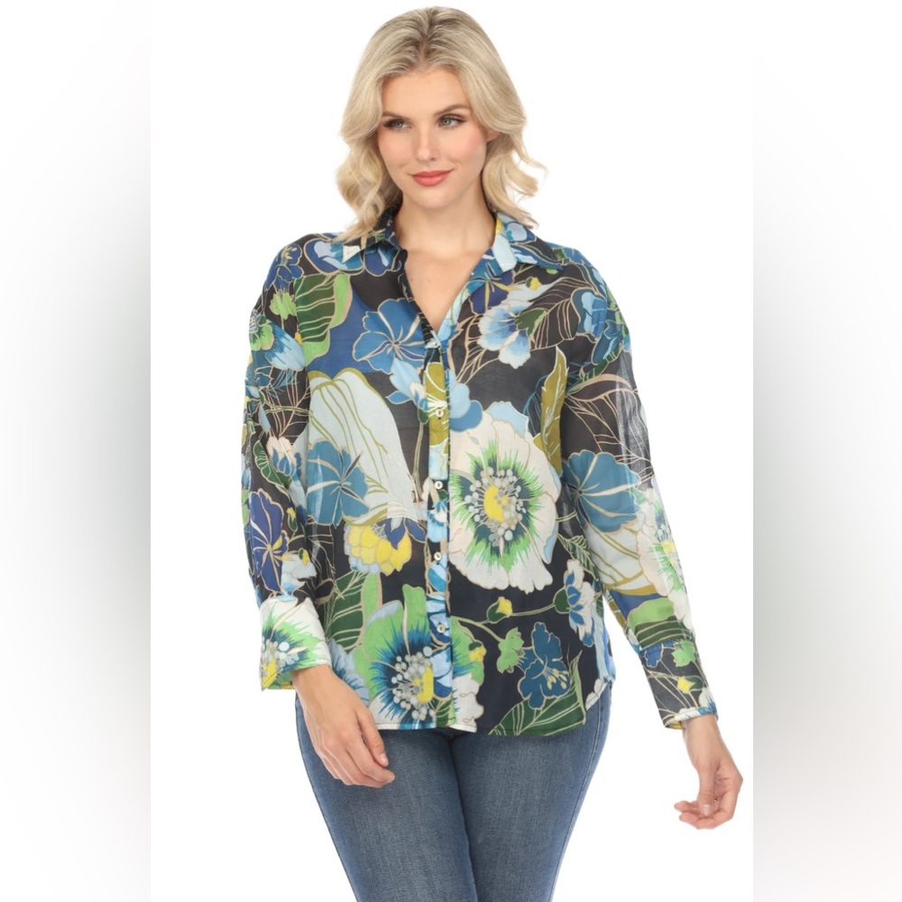 Johnny Was Jenn Curved Hem Button Down Shirt Floral Tropical Blue Green Size XL